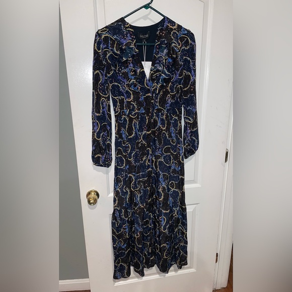 New! Saloni Ginny Midi Silk Crepe De Chine Dress in Cosmo Dancers 💫✨ US 4 NWT! - Picture 10 of 16